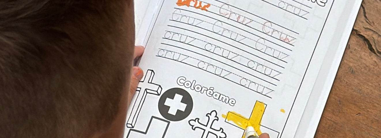 Child coloring a cross in Preschool Essentials: Spanish colroing book for toddlers. 
