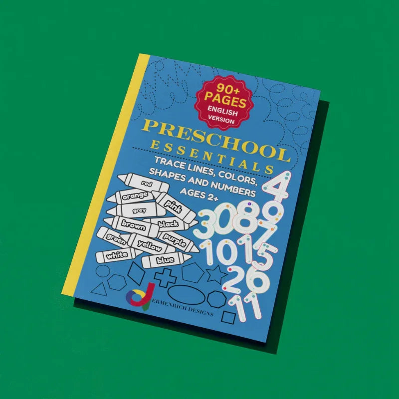 Ermenrich Designs Preschool Essentials educational coloring book for tracing lines, numbers, shapes, and colors, English version, on green background.