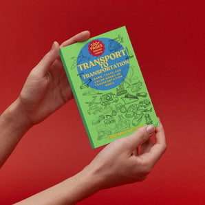 Transport to Transportation activity coloring book for kids by Ermenrich Designs held by hands