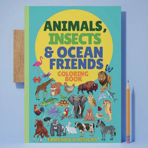 Animals, Insects and Ocean Friends Coloring Book front cover with blue background and pencil.