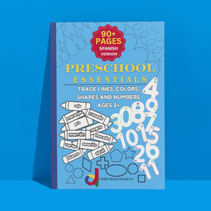 Preschool Essentials Trace Lines, Colors, Shapes, and Numbers Coloring Book: Spanish Version  for toddlers and preschoolers front cover on blue background.