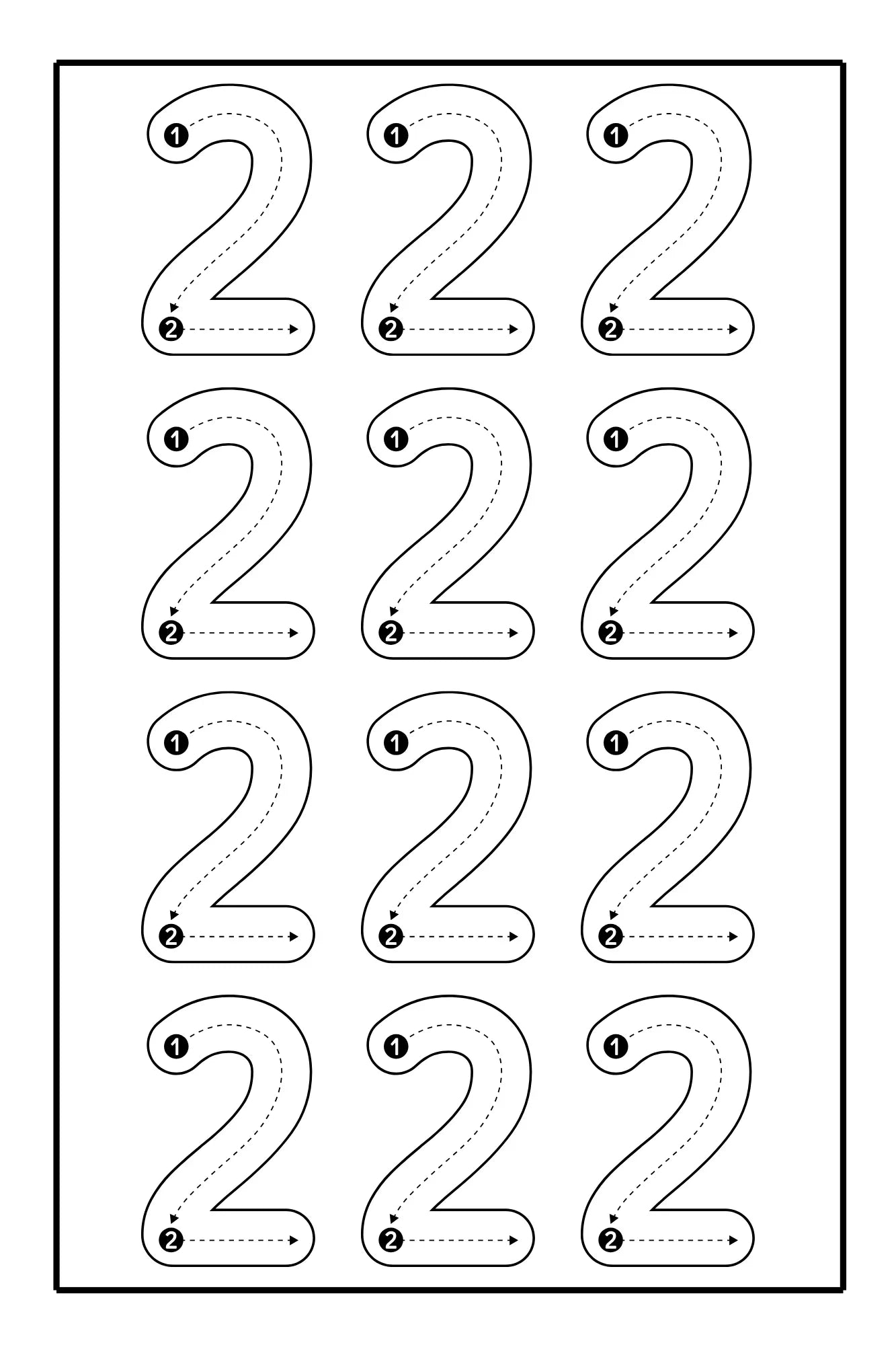 Number 2 tracing worksheet for kids, black and white from 123 Pigments: Spanish version coloring book for kids by Ermenrich Designs