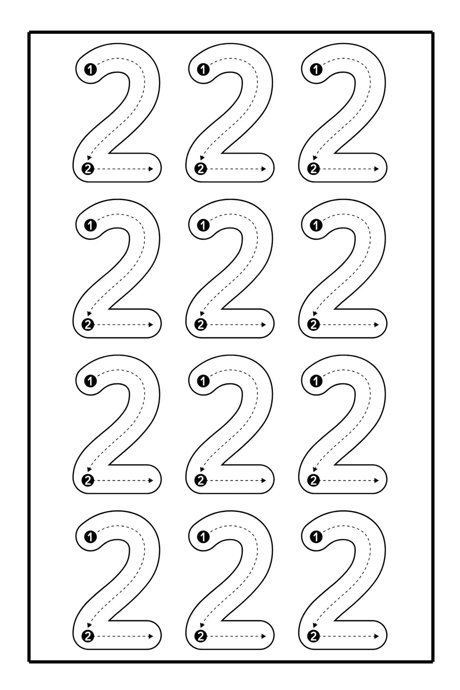 Number 2 tracing worksheet for kids, black and white from 123 Pigments: Spanish version coloring book for kids by Ermenrich Designs