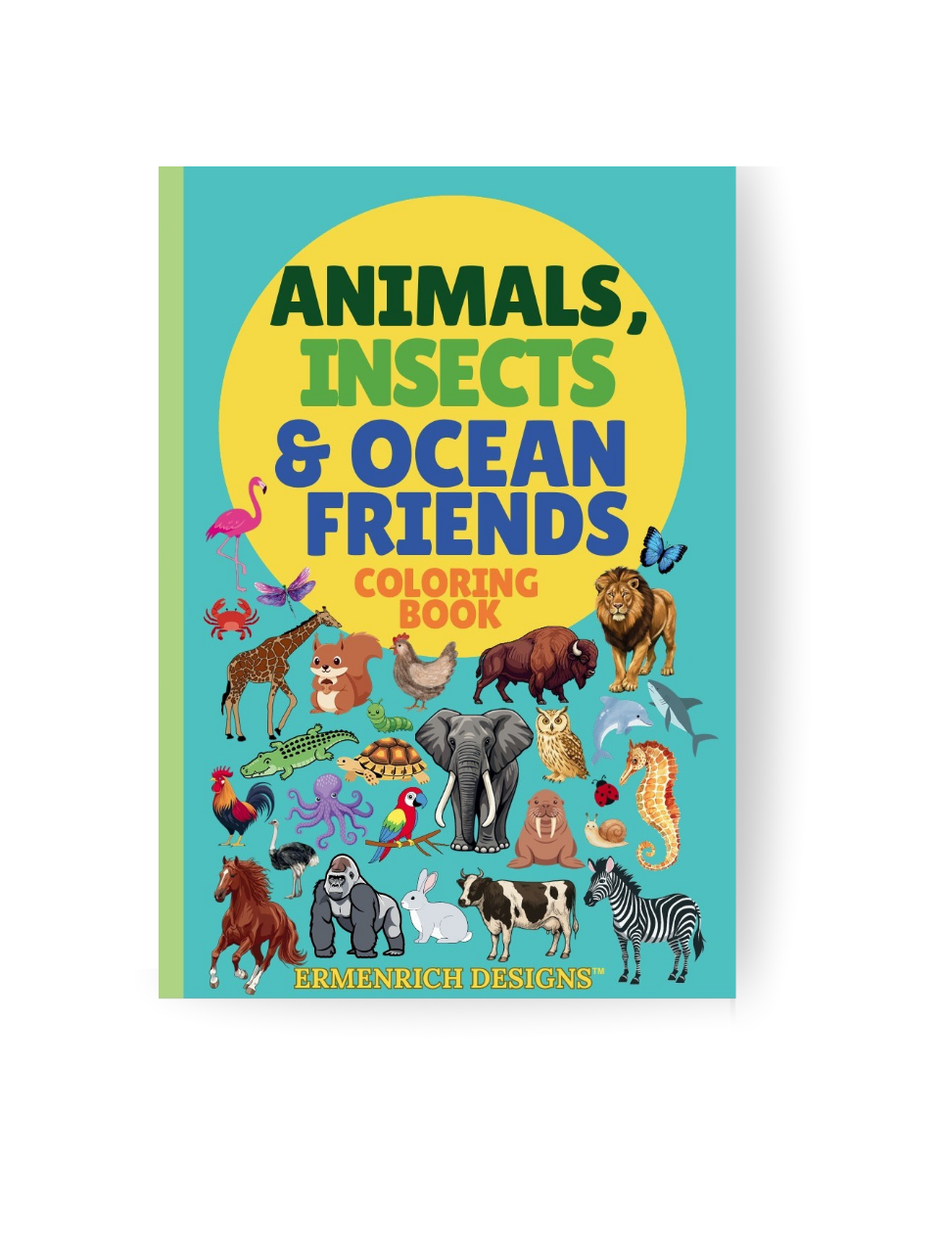 Coloring book cover titled 'Animals, Insects & Ocean Friends' with illustrations of various animals on a blue background.