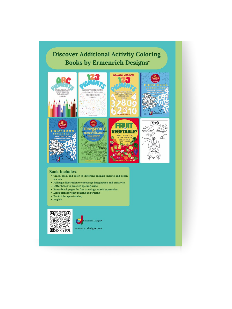Back cover of a coloring book with colorful pages and Ermenrich Designs branding.