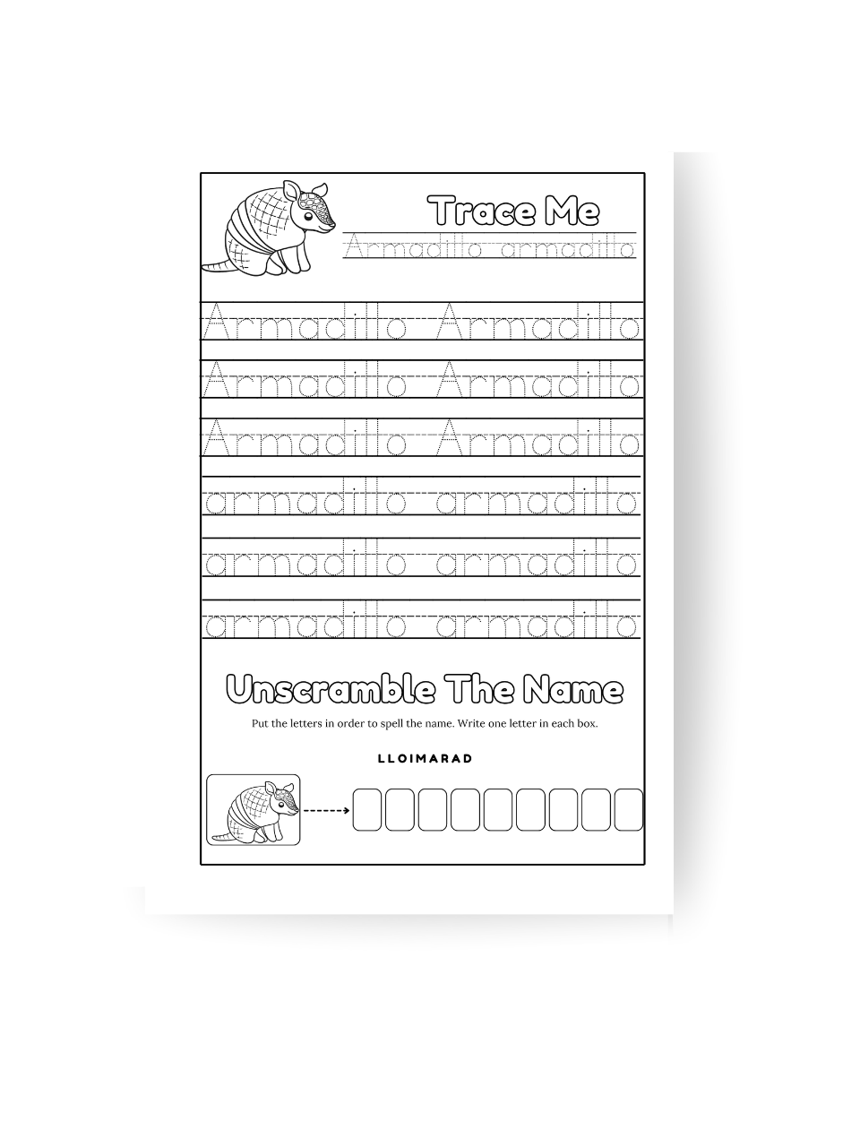 Educational worksheet for tracing and unscrambling letters related to 'armadillo'.