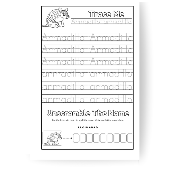 Educational worksheet for tracing and unscrambling letters related to 'armadillo'.