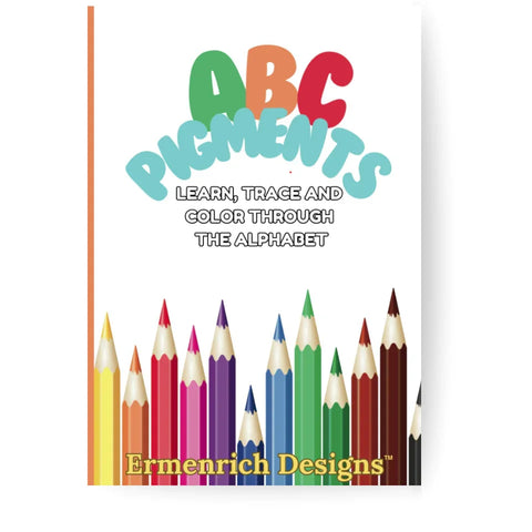 ABC Pigments educational coloring book cover with colorful pencils, Ermenrich Designs