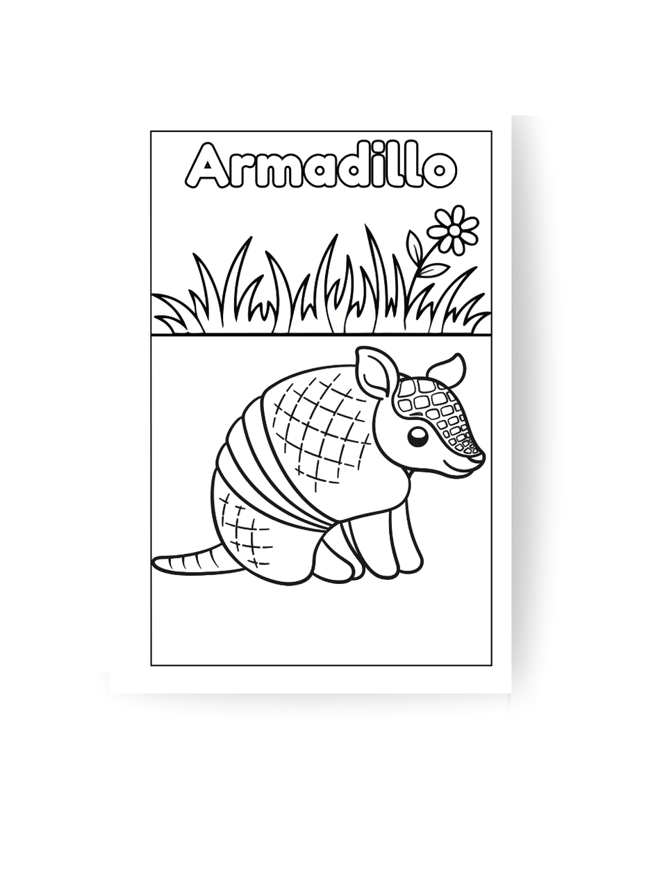 Coloring page of an armadillo with grass and a flower on a white background