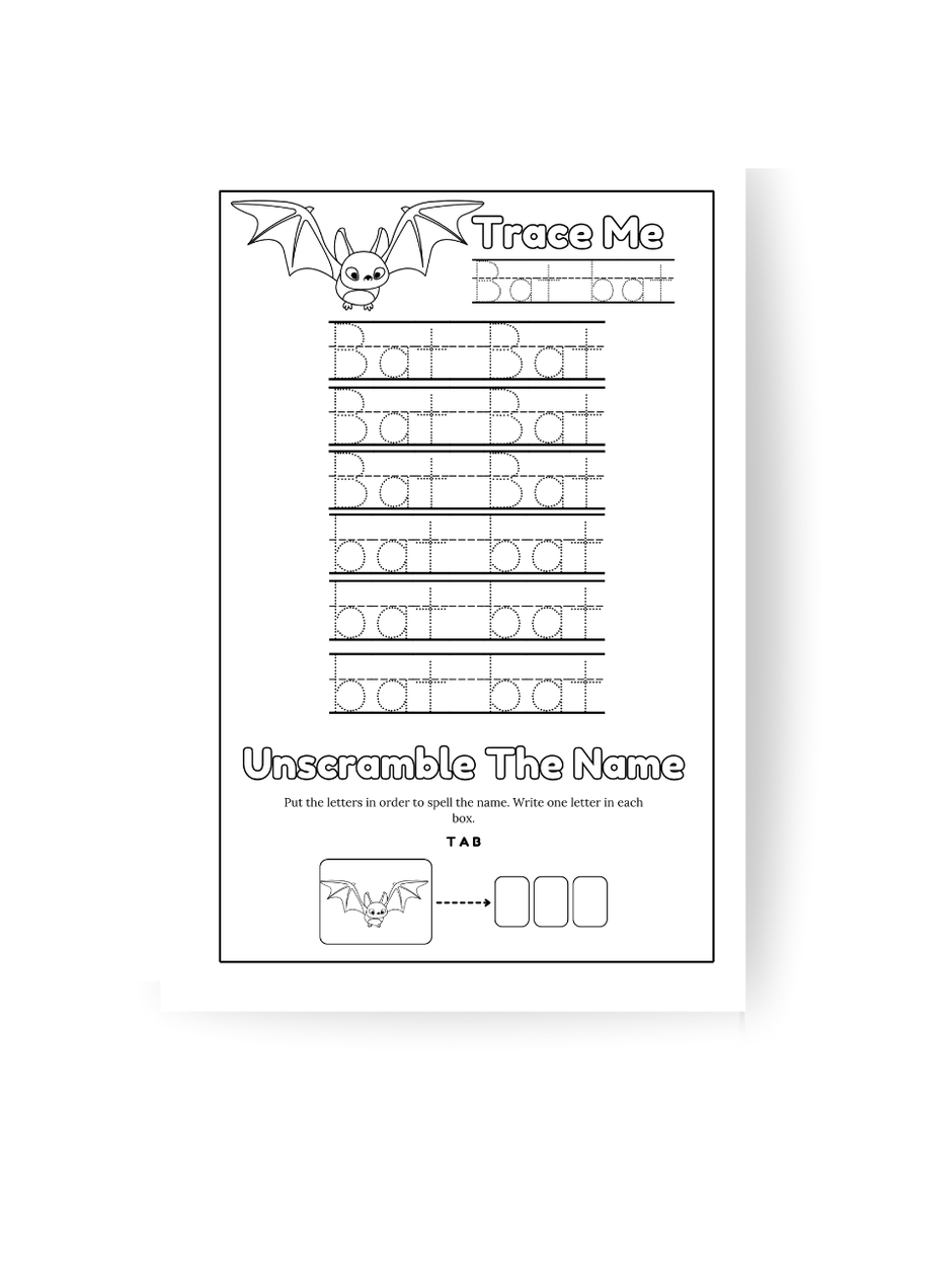 Educational worksheet for children with a bat theme on a white background