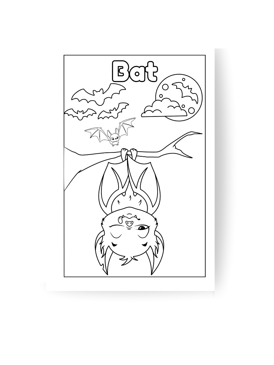 Black and white line drawing of a bat hanging from a branch with a moon and clouds in the background.