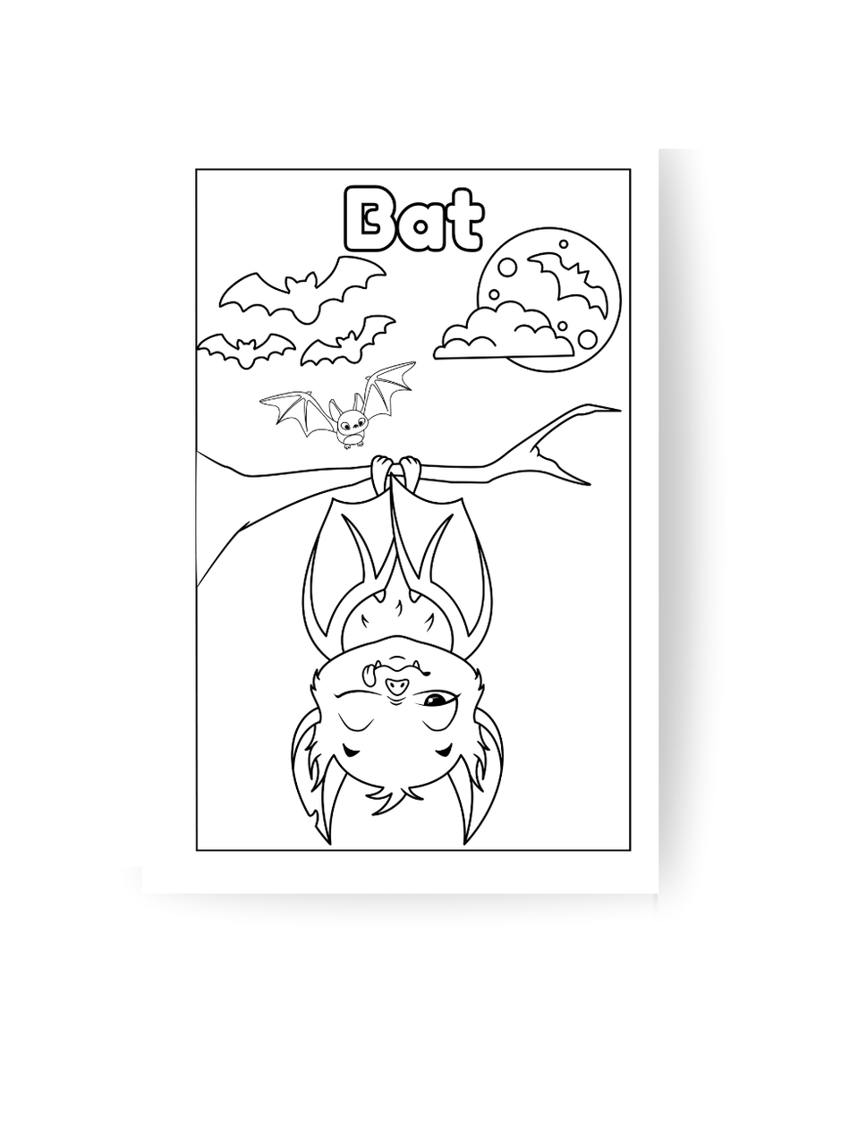 Black and white line drawing of a bat hanging from a branch with a moon and clouds in the background.