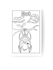 Black and white line drawing of a bat hanging from a branch with a moon and clouds in the background.