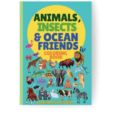 Animals, Insects & Ocean Friends Coloring Book for kids by Ermenrich Designs with illustrations of various animals on a blue background front view