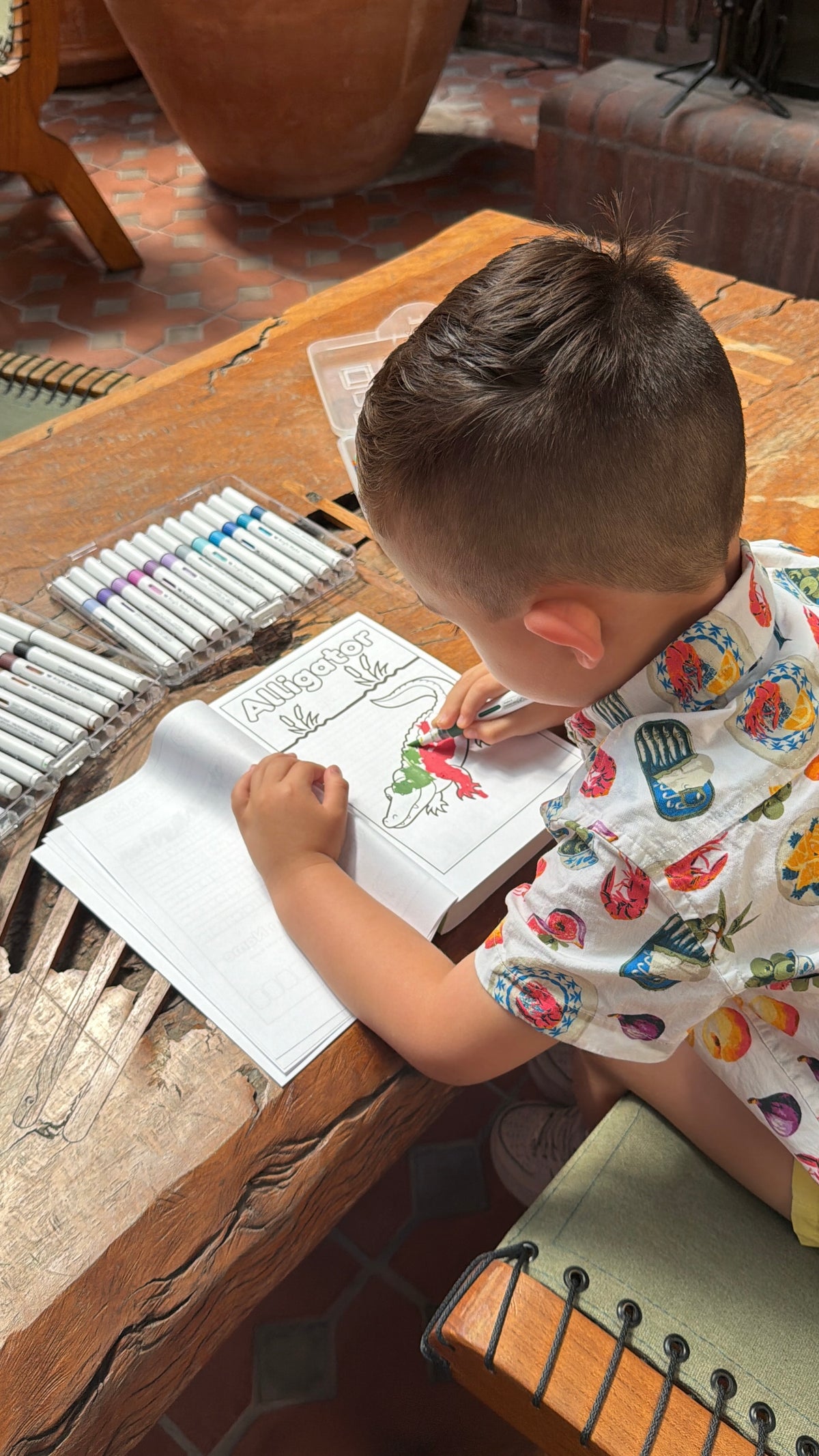 Child coloring Alligator coloring page from Animals, Insects and Ocean Friends Coloring Book from Ermenrich Designs on brown wood table. Ages 3+