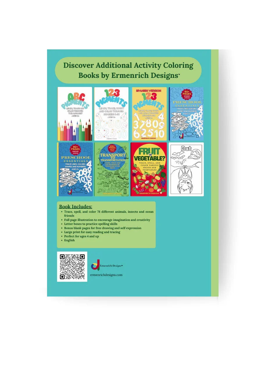 Back cover of  Animals, insects & Ocean Friends coloring book by Ermenrich Designs.
