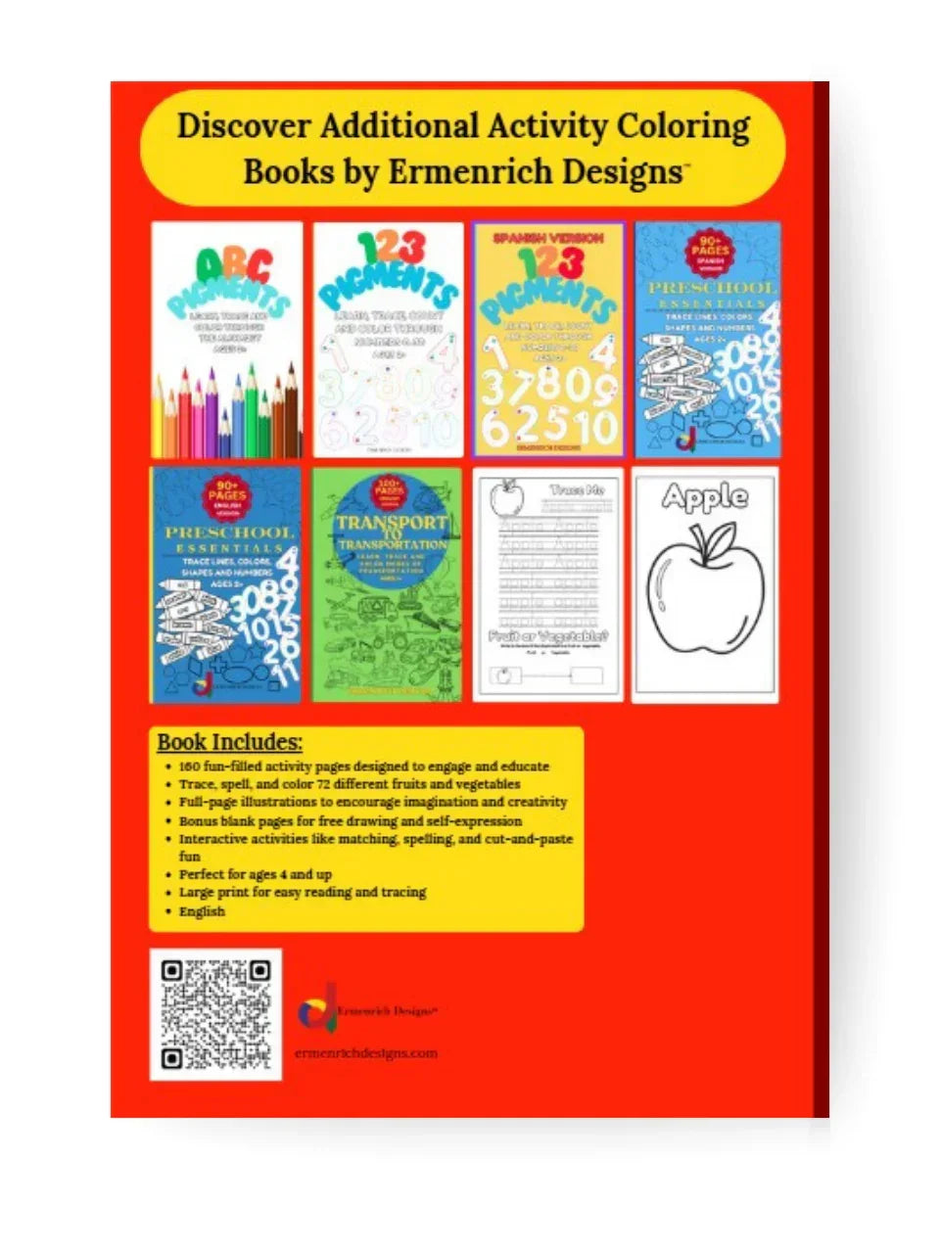 Fruit or Vegetable coloring book back cover by Ermenrich Designs with other educational coloring books for kid.