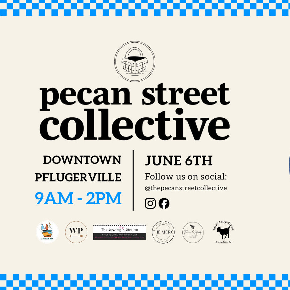 Promotional poster for Pecan Street Collective event with a snail and pecans design.