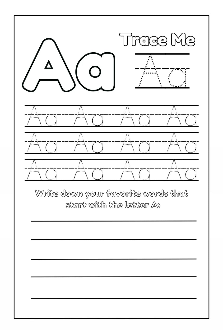 ABC Pigments coloring book for toddlers activity tracing page for letter A.