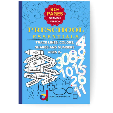 Ermenrich Designs' Preschool Essentials Coloring Book: Spanish. Preschool activity coloring book cover with crayons, numbers, shapes and tracing lines.