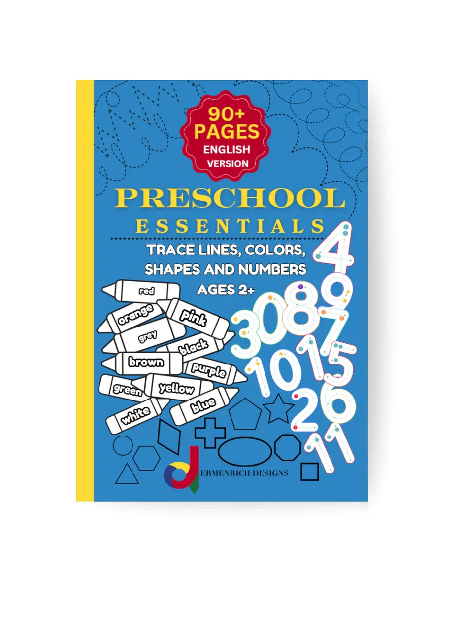 Preschool Essentials Trace Lines, Colors, Shapes and Numbers Coloring Book by Ermenrich Designs with crayons and numbers on cover.