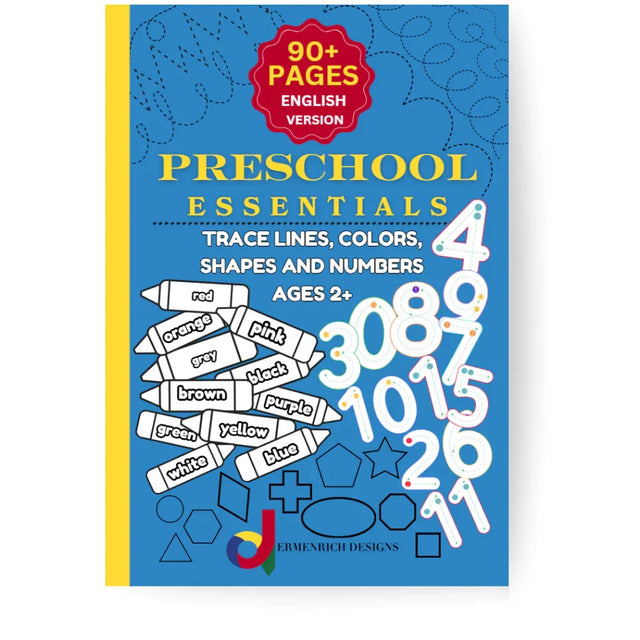 Preschool Essentials Trace Lines, Colors, Shapes and Numbers Coloring Book by Ermenrich Designs with crayons and numbers on cover.