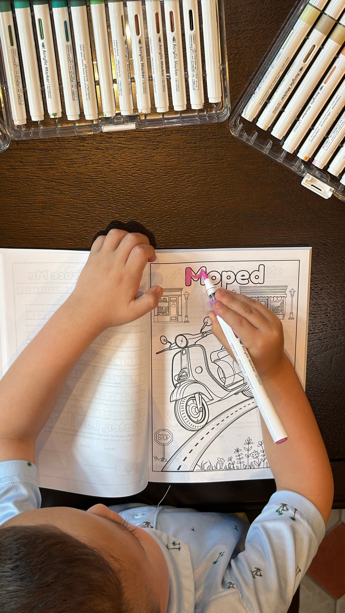 Child coloring Moped coloring page from Transport To Transportation: Learn, Trace and Color Modes of Transportation Coloring Book for kids from Ermenrich Designs. Ages 4 and up.