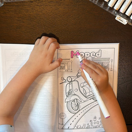 Child coloring Moped coloring page from Transport To Transportation: Learn, Trace and Color Modes of Transportation Coloring Book for kids from Ermenrich Designs. Ages 4 and up.