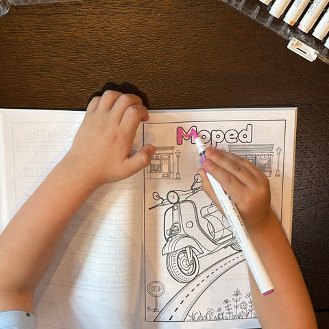 Child coloring Moped coloring page from Transport To Transportation: Learn, Trace and Color Modes of Transportation Coloring Book for kids from Ermenrich Designs. Ages 4 and up.