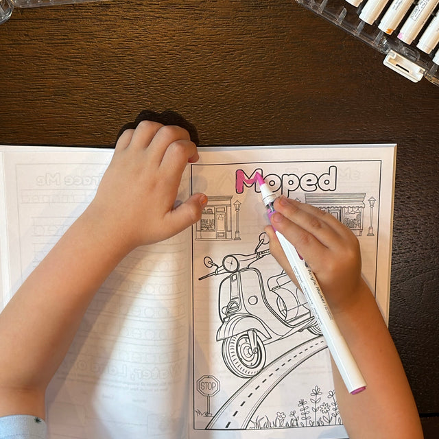 Child coloring Moped coloring page from Transport To Transportation: Learn, Trace and Color Modes of Transportation Coloring Book for kids from Ermenrich Designs. Ages 4 and up.