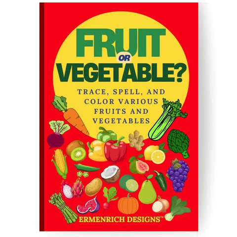 Ermenrich Designs fruit and vegetable activity coloring book cover with colorful produce illustrations.