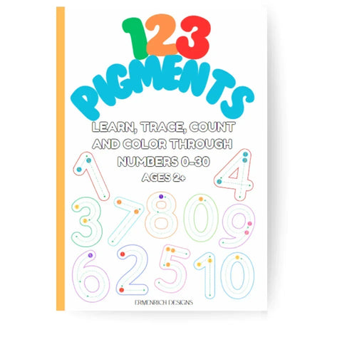 123 Pigments activity coloring book cover by Ermenrich Designs. Educational activity coloring book cover with colorful numbers and tracing guide for kids.