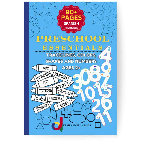 Ermenrich Designs Spanish preschool activity book cover with crayons, numbers, shapes and tracing lines.