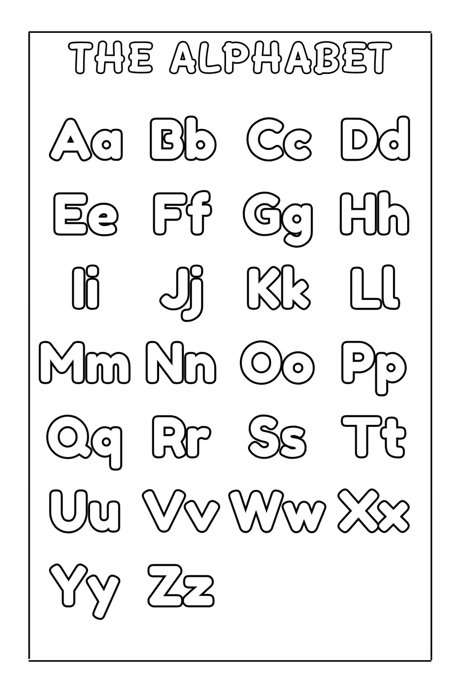 Alphabet coloring page for kids featuring uppercase and lowercase letters from ABC Pigments coloring book for toddlers and preschoolers by Ermenrich Designs.