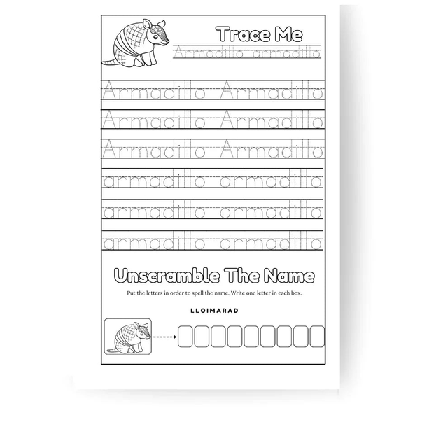 Armadillo tracing and spelling worksheet from Animals, Insects & Ocean Friends coloring book for kids by Ermenrich Designs