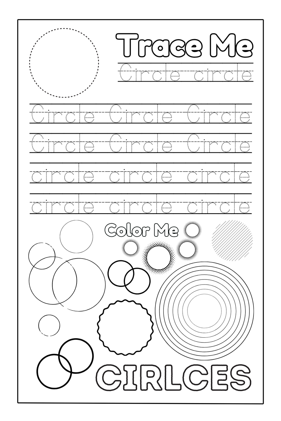 Circle activity coloring page from Preschool Essentials coloring book by Ermenrich Designs.