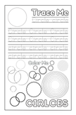 Circle activity coloring page from Preschool Essentials coloring book by Ermenrich Designs.