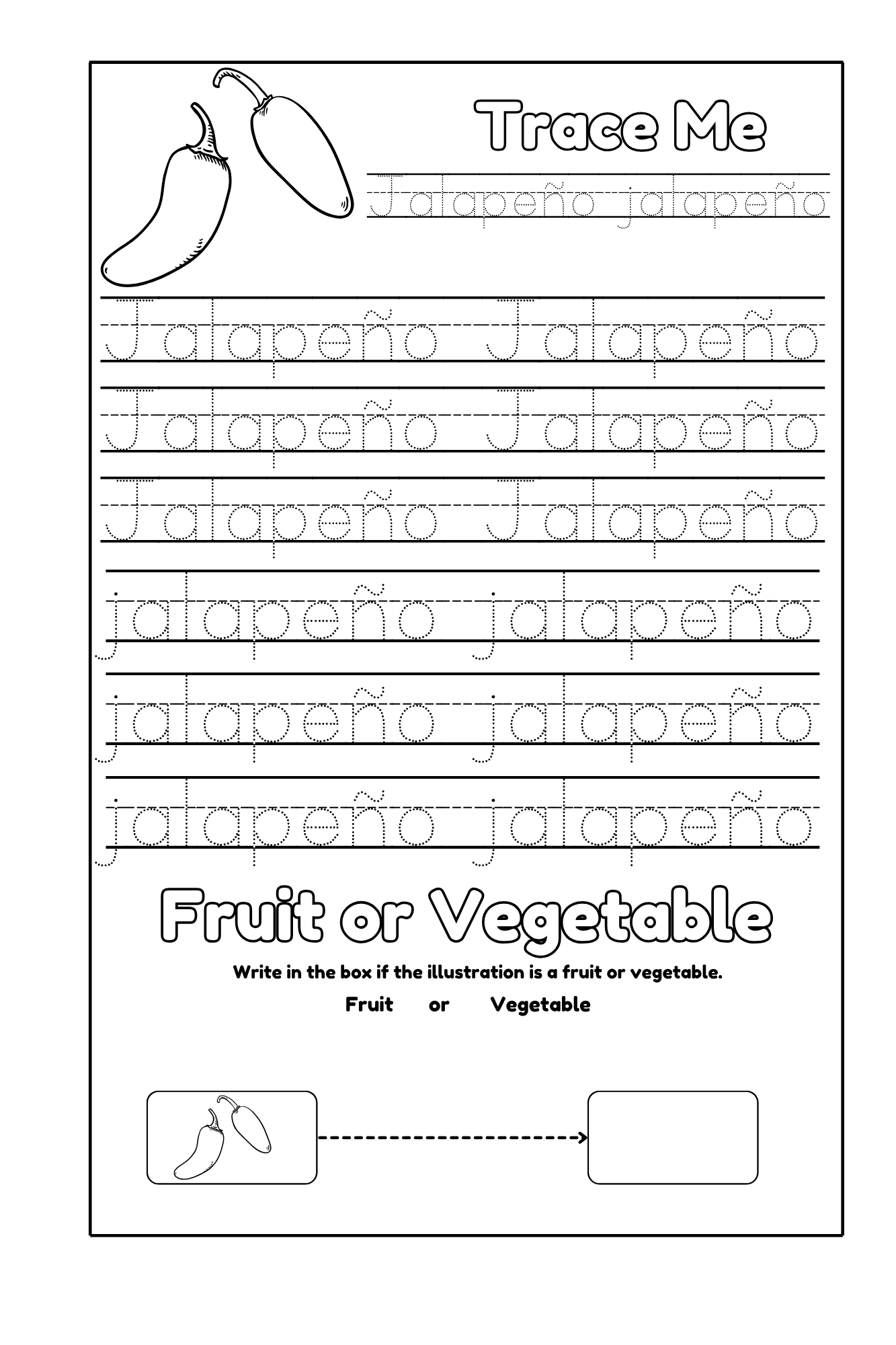 Jalapeño tracing worksheet from Fruit or Vegetable? coloring book for toddler and kids by Ermenrich Designs