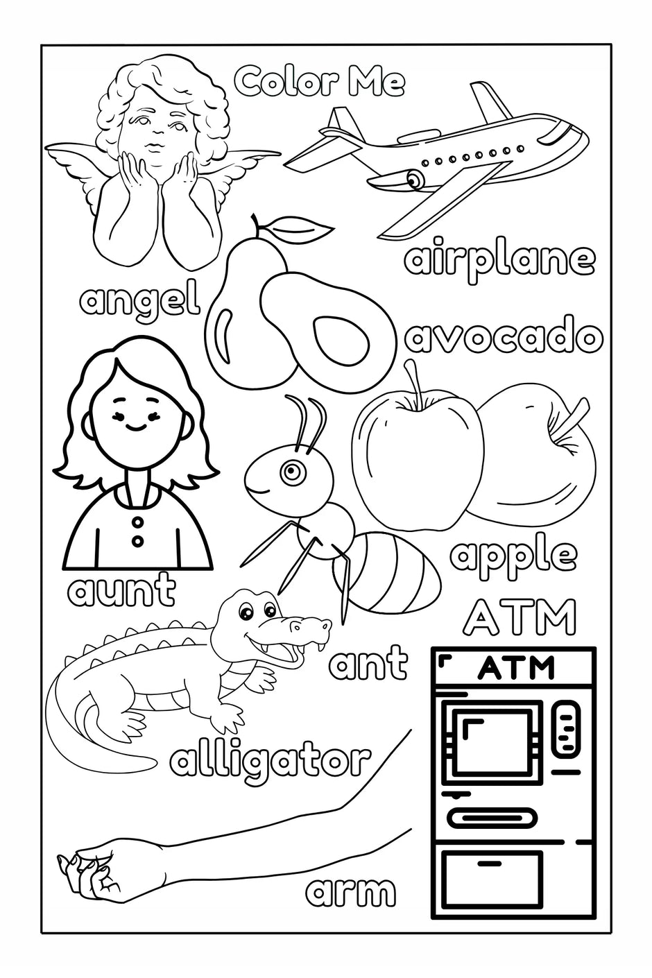 Alphabet coloring page with angel, airplane, avocado, aunt, ant, apple, alligator, arm, ATM from ABC Pigments coloring book for toddlers by Ermenrich Designs.