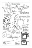 Alphabet coloring page with angel, airplane, avocado, aunt, ant, apple, alligator, arm, ATM from ABC Pigments coloring book for toddlers by Ermenrich Designs.