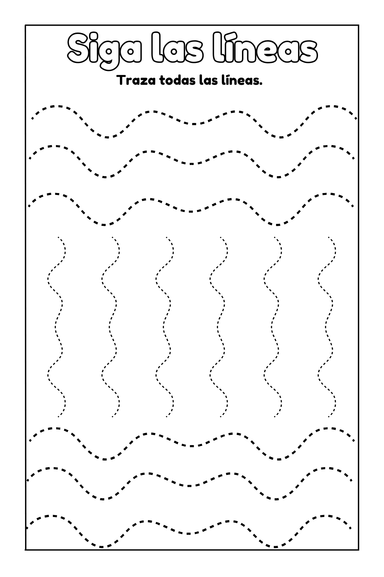 Preschool Essentials: Spanish coloring book line tracing worksheet with wavy patterns and text in Spanish.
