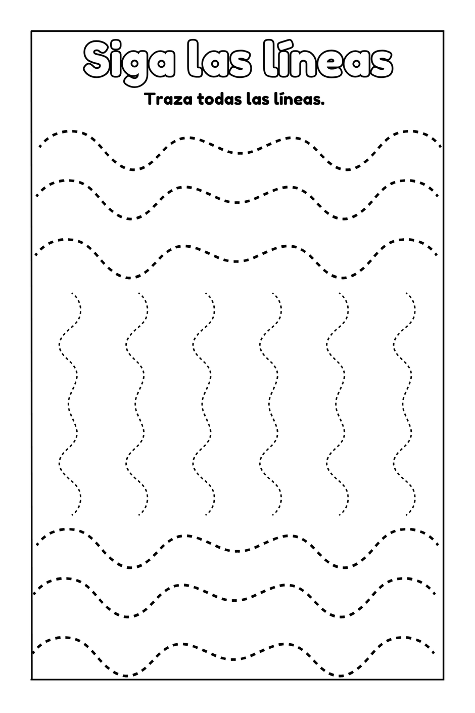 Preschool Essentials: Spanish coloring book line tracing worksheet with wavy patterns and text in Spanish.