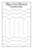 Preschool Essentials: Spanish coloring book line tracing worksheet with wavy patterns and text in Spanish.