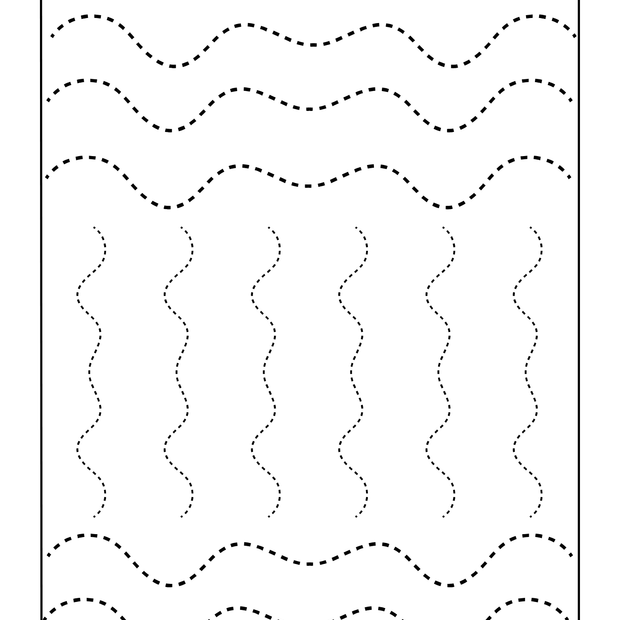 Preschool Essentials: Spanish coloring book line tracing worksheet with wavy patterns and text in Spanish.