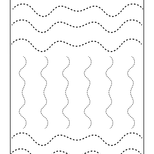 Preschool Essentials: Spanish coloring book line tracing worksheet with wavy patterns and text in Spanish.