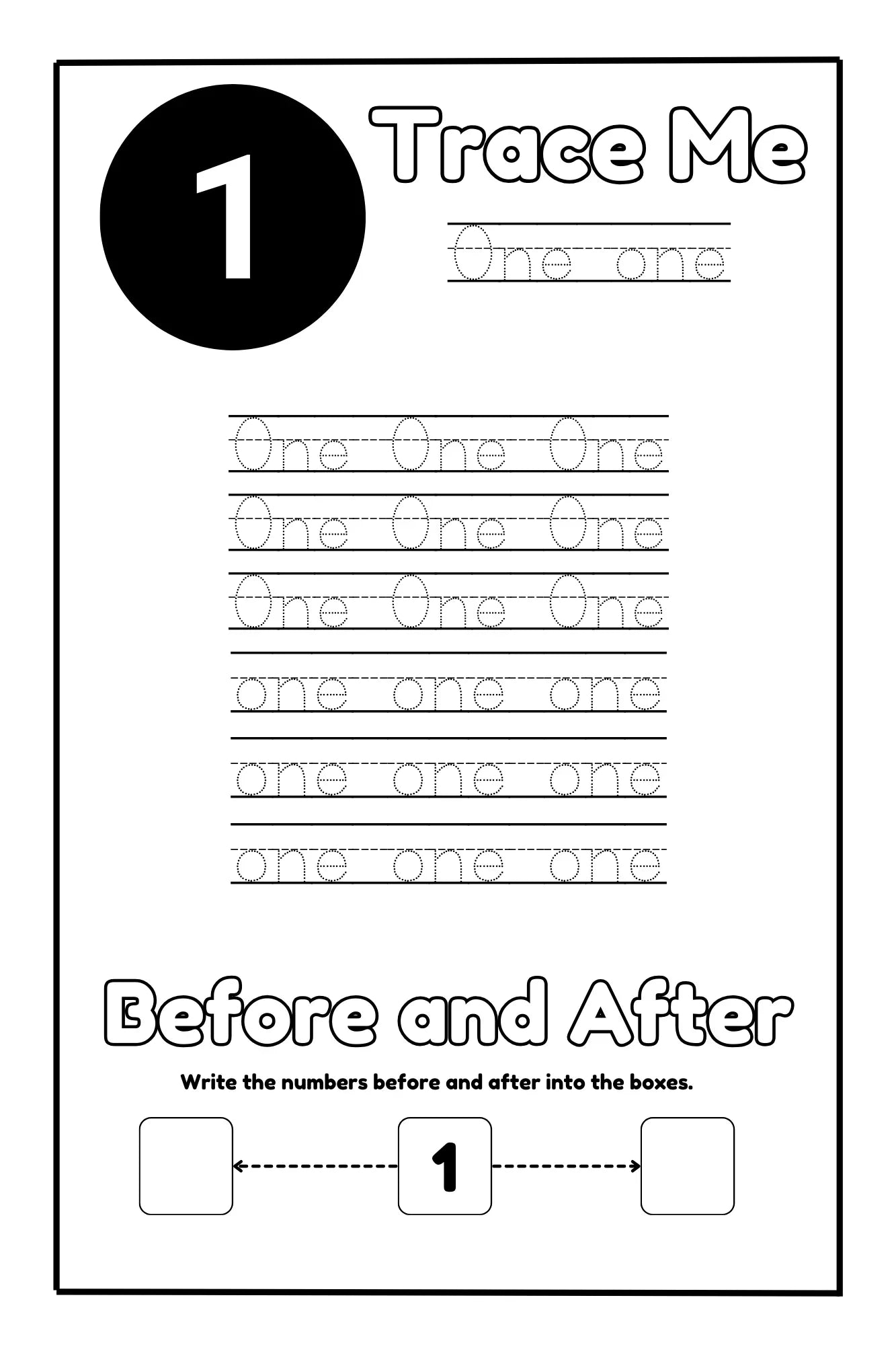 Number tracing worksheet for kids featuring the number one with before and after activity from 123 Pigments coloring book for toddlers.