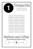 Number tracing worksheet for kids featuring the number one with before and after activity from 123 Pigments coloring book for toddlers.