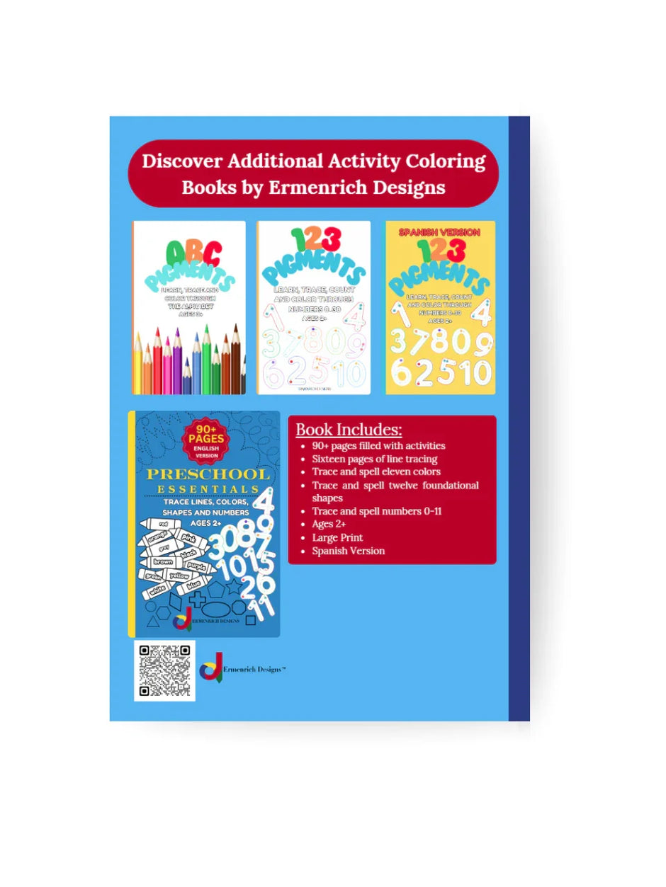 Ermenrich Designs activity coloring books for kids, toddlers, and preschoolers, English and Spanish versions, featuring alphabet, numbers, colors, shapes, and line tracing on a blue background.