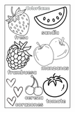 Preschool Essentials Spanish Version Coloring page with fruits and vegetables labeled in Spanish.