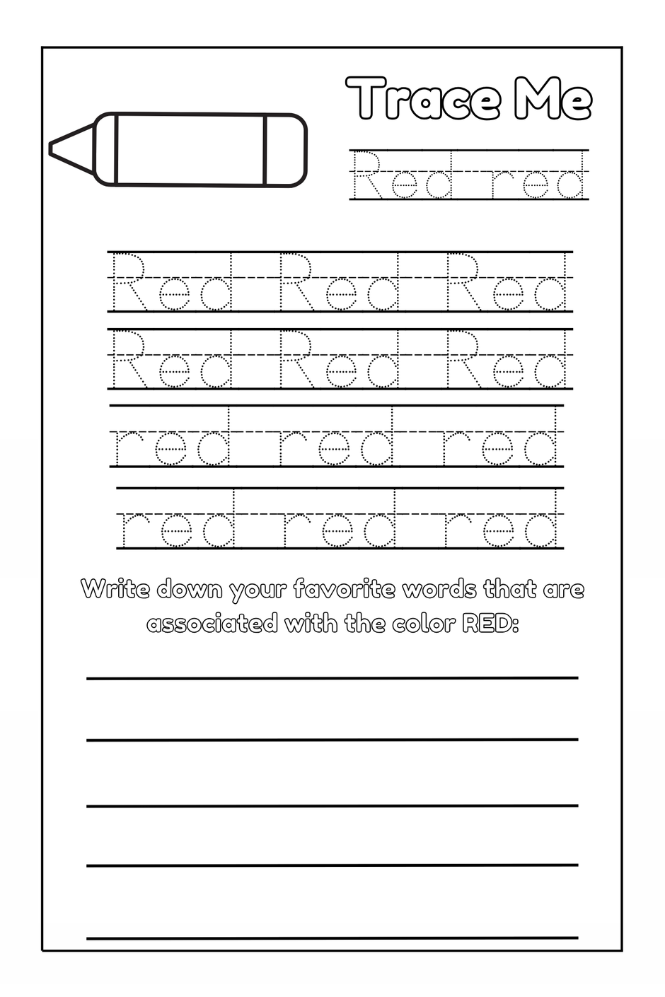 Color Red activity tracing page from Preschool Essentials Trace Lines, Colors, Shapes and Numbers Coloring Book by Ermenrich Designs.